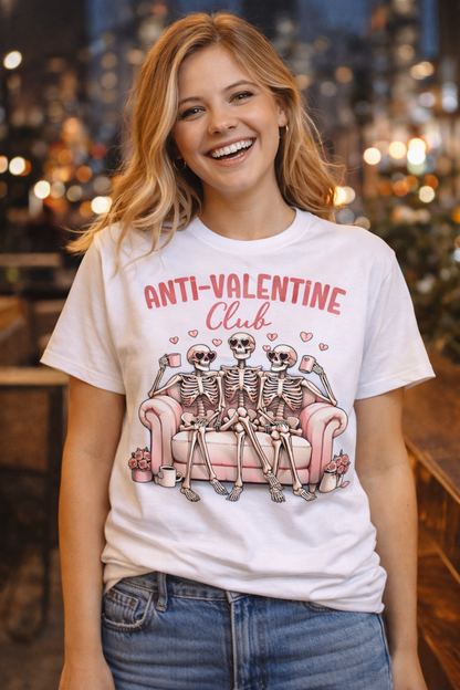 Anti-Valentine Club T-Shirt | Funny Valentine’s Day Shirt for Women | Gothic Skeleton Graphic Tee