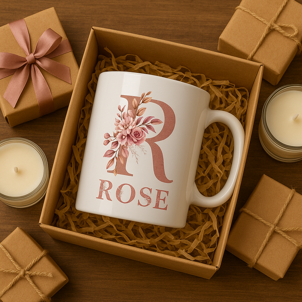 Personalized Floral Initial & Name Ceramic Mug — Custom Monogram Coffee Cup, Gift for Her