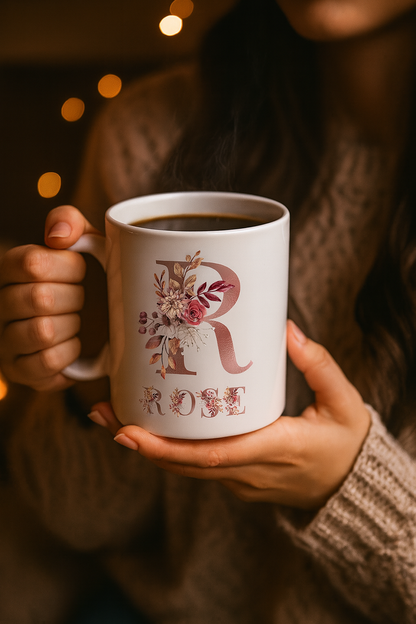 Personalized Floral Initial & Name Ceramic Mug — Custom Monogram Coffee Cup, Gift for Her