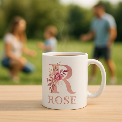 Personalized Floral Initial & Name Ceramic Mug — Custom Monogram Coffee Cup, Gift for Her