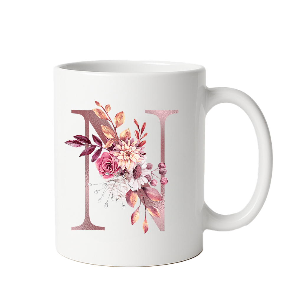 Personalized Floral Initial & Name Ceramic Mug — Custom Monogram Coffee Cup, Gift for Her