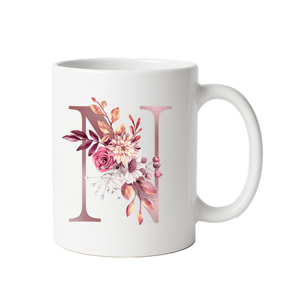 Personalized Floral Initial & Name Ceramic Mug — Custom Monogram Coffee Cup, Gift for Her