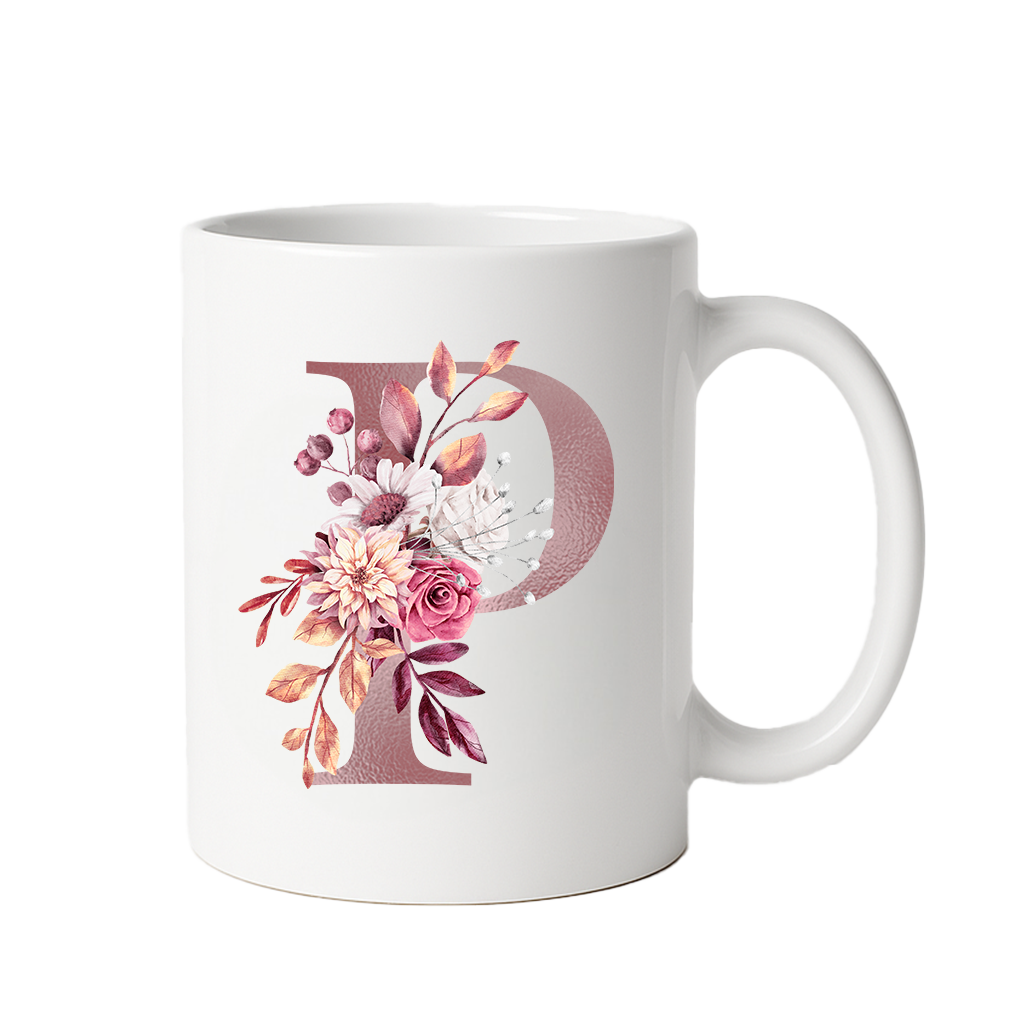 Personalized Floral Initial & Name Ceramic Mug — Custom Monogram Coffee Cup, Gift for Her