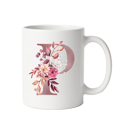 Personalized Floral Initial & Name Ceramic Mug — Custom Monogram Coffee Cup, Gift for Her