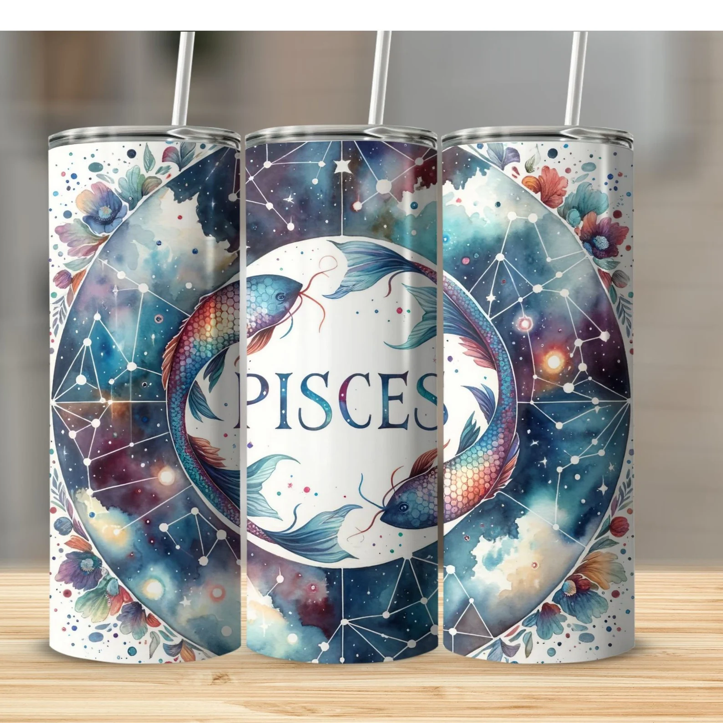 Custom Zodiac Tumbler with Straw - 20oz Skinny Stainless Steel Insulated Cup - Personalized Astrology Gift - Sublimation Abstract Design