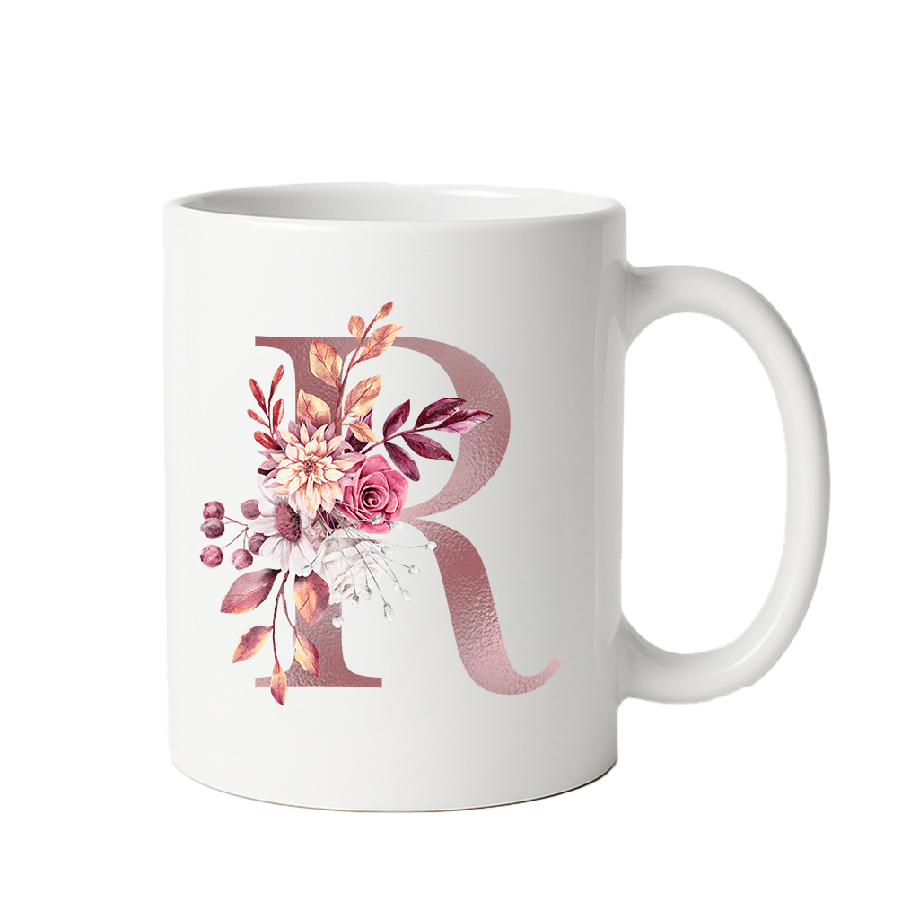 Personalized Floral Initial & Name Ceramic Mug — Custom Monogram Coffee Cup, Gift for Her
