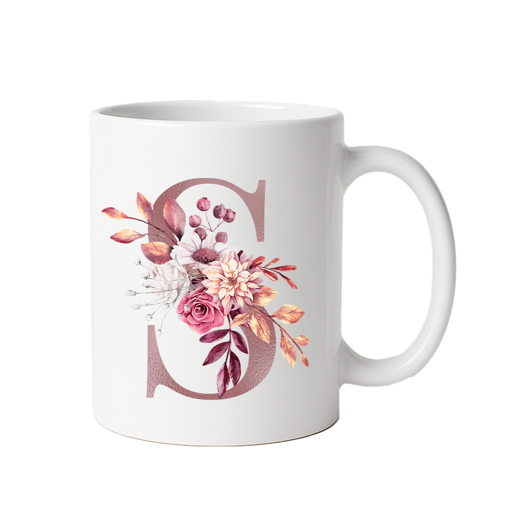 Personalized Floral Initial & Name Ceramic Mug — Custom Monogram Coffee Cup, Gift for Her