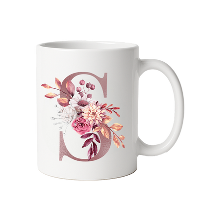 Personalized Floral Initial & Name Ceramic Mug — Custom Monogram Coffee Cup, Gift for Her
