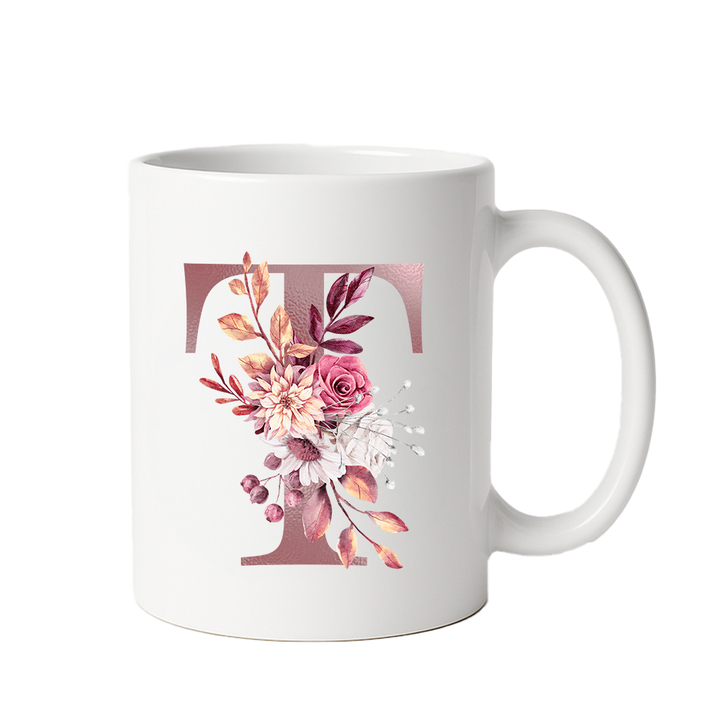 Personalized Floral Initial & Name Ceramic Mug — Custom Monogram Coffee Cup, Gift for Her