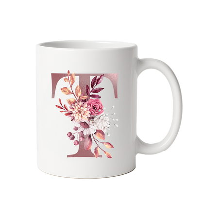 Personalized Floral Initial & Name Ceramic Mug — Custom Monogram Coffee Cup, Gift for Her