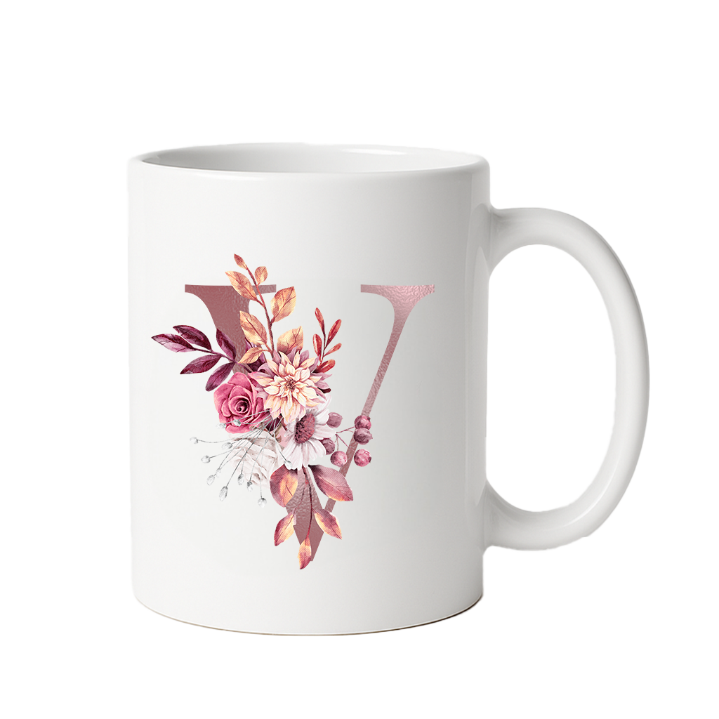 Personalized Floral Initial & Name Ceramic Mug — Custom Monogram Coffee Cup, Gift for Her