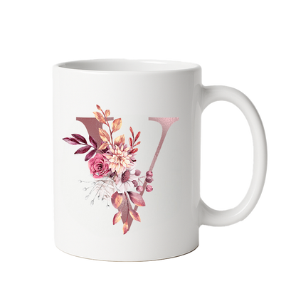 Personalized Floral Initial & Name Ceramic Mug — Custom Monogram Coffee Cup, Gift for Her