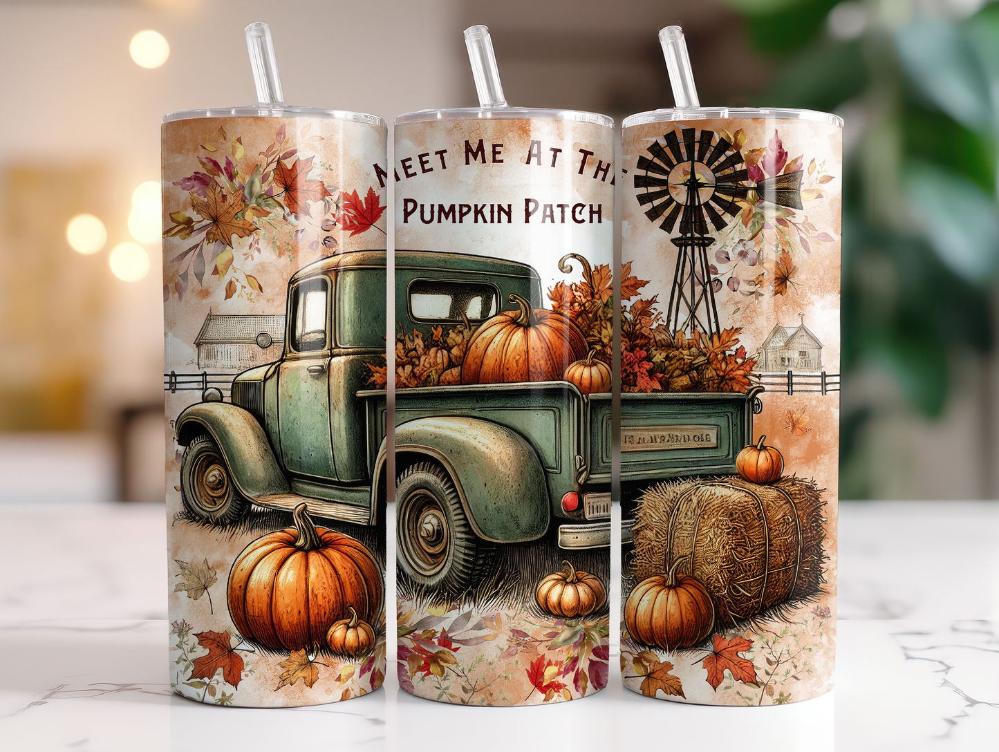 20oz Thanksgiving Tumbler with Straw & Lid – Pumpkin Harvest Sublimation Skinny Tumbler, Stainless Steel Insulated Cup, Custom Printed Fall Gift