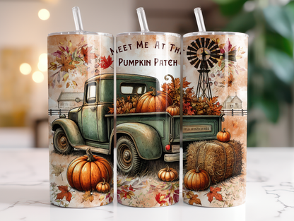 20oz Thanksgiving Tumbler with Straw & Lid – Pumpkin Harvest Sublimation Skinny Tumbler, Stainless Steel Insulated Cup, Custom Printed Fall Gift