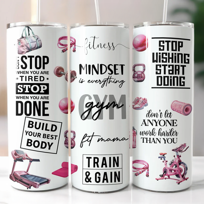 20 Oz Skinny Tumbler Gym Girl Pink Fitness Motivational Cup | Fit Mama Workout Gift | Sublimation Stainless Steel Travel Tumbler With Straw